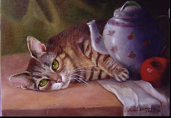 Cat and apple by Joni DiPirro, art, joni dipirro, kettle, cat, painting, red, apple, green eyes, pot HD wallpaper
