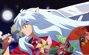 Inuyasha, silver hair, night, inu, long hair, moon, petals, , male, handsome, sexy, sword, hot, blade, neko, boy, anime, white hair, cool, weapon, guy HD wallpaper