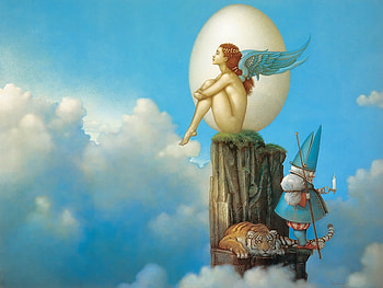 Blue Wings, staff, tiger, moon, clouds, sky, angel, gnome, mountain HD wallpaper