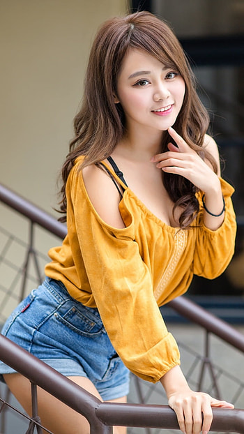 Brunette Bliss: Smiling Model in Denim Shorts — , shorts, brunette, smile, model, woman, asian HD phone wallpaper