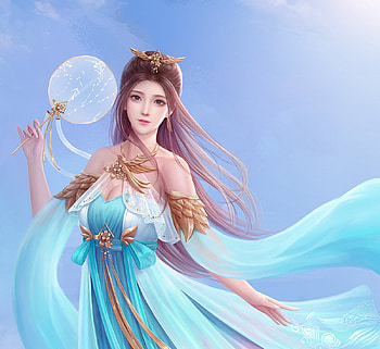 Princess, blue, fantasy, amrart, amr, evantai, girl, a mr, hand fan HD wallpaper
