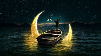 Girl On Boat Sailing Between Two Moons, moon, boat, guitar, sea, ocean, stars, star, artist, artwork, art, digital-art, ai, deviantart HD wallpaper