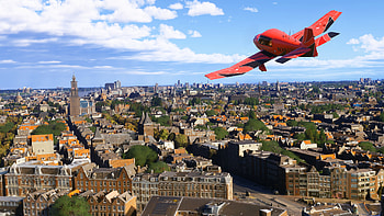 Microsoft Flight Simulator 2024 — Quad : Red Jet Over City, Video Game, Microsoft Flight Simulator 2024 HD wallpaper