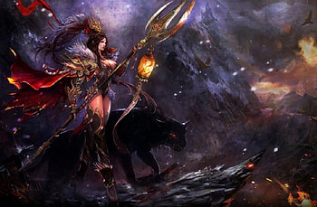 Sorceress And Magic Panther, magic, staff, fantasy, panther, Sorceress HD wallpaper