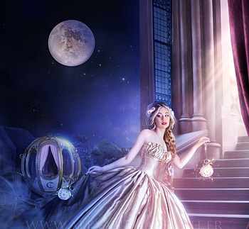 Cinderella, art, fantasy, girl, alexandra v bach, princess, blue, night, pink, moon, luna HD wallpaper