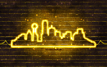 Dallas yellow neon silhouette, , yellow neon lights, Dallas skyline silhouette, yellow brickwall, american cities, neon skyline silhouettes, USA, Dallas silhouette, Dallas HD wallpaper