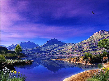 Morning at the lake, blue, wispy clouds, valley, sky, deer feeding, mountains, calm, lake HD wallpaper