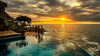 Playa Las Tortugas, Pacific Ocean, Mexico, sunset, sea, trees, clouds, colors, pool, sky HD wallpaper