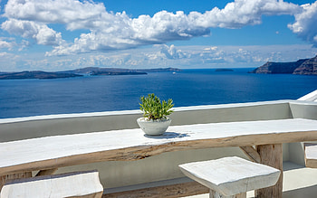 Terrace in Santorini, Greece, island, Santorini, Greece, clouds, terrace HD wallpaper