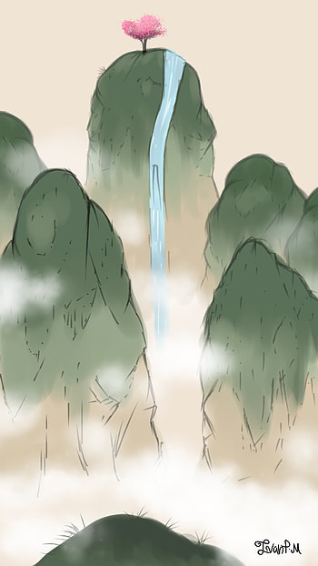 SAKURA MOUNTAIN, mountain, sakura, drawing, artistic, waterfall HD phone wallpaper