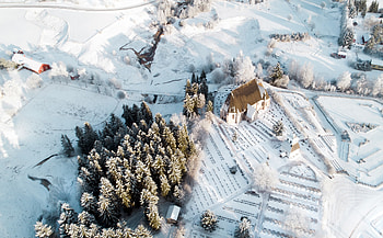 Landscape, winter, tree, house, aerial view HD wallpaper