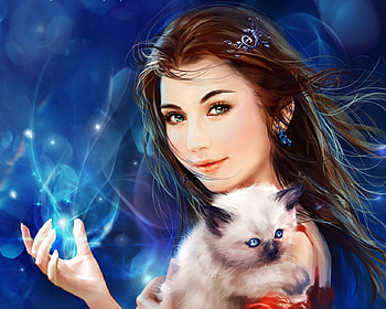 White witch, blue, kitten, frumusete, white, art, gorgeous, cute, cat, girl, superb, fantasy, pisici, face, luminos HD wallpaper