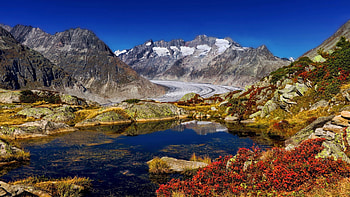 Aletsch Glacier, Switzerland, peaks, fall, autumn, landscape, colors, alps, mountains HD wallpaper