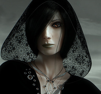 Crow, artwork, detailed, abstract, cg, hood, necklace, female HD wallpaper