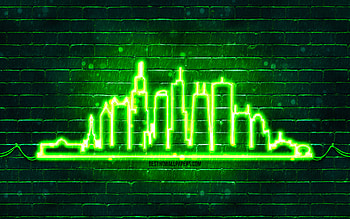 Chicago green neon silhouette, , green neon lights, Chicago skyline silhouette, green brickwall, american cities, neon skyline silhouettes, USA, Chicago silhouette, Chicago HD wallpaper