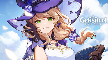 Green Eyes Lisa With Purple Dress Hat Genshin Impact HD wallpaper