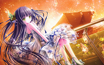 Tinkle, blouse, purple hair, glowing, glow, cute, long hair, gold, dress, nice, cg, , adorable, loli, female, sweet, magic, gorgeous, girl, orange, kawaii, anime girl, elegant, anime, fantasy, pretty, light, lolita, gown, lovely HD wallpaper