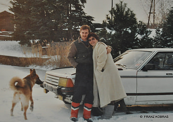 my wife,my dog,my car and I....in the 80,s, winter, dogs, family, cars HD wallpaper