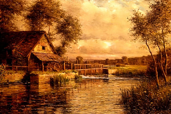 Painting, river, sky, house HD wallpaper
