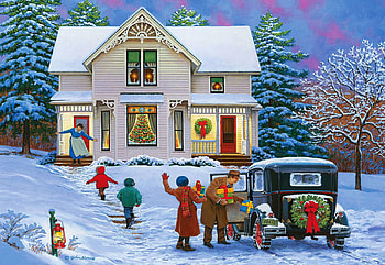 The Greatest Gift, children, family, christmas, house, snow, car, trees, grandma, painting HD wallpaper