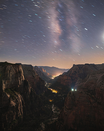 Valley, mountains, city, starry sky, evening HD phone wallpaper