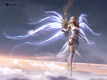 Angel, blue, wings, frumusete, girl, dqhunter, dq hunter, fantasy, luminos HD wallpaper