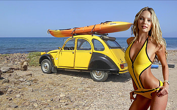 Candice Swanepoel on the Beach, model, swimsuit, kayak, blonde, car, citroen, beach HD wallpaper