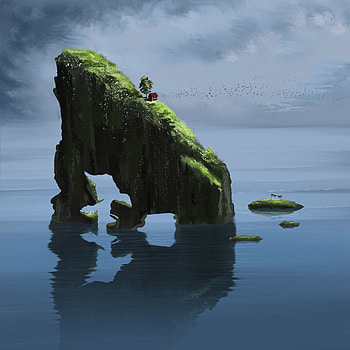 Water, Art, Rock, Reflection, House, Slope HD phone wallpaper