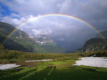 Nature, Mountains, Clouds, Snow, Rainbow, Greens HD wallpaper