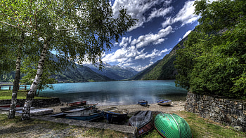 Lake Poschiavo, Switzerland, boats, clouds, landscape, trees, sky, mountains, alps HD wallpaper
