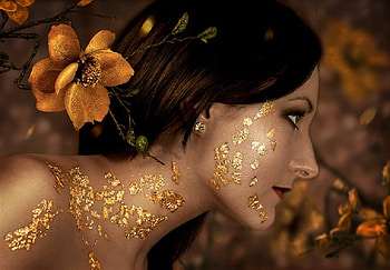 Goddess, foil, gold flakes, gold, earring, woman, brown, flower, face HD wallpaper
