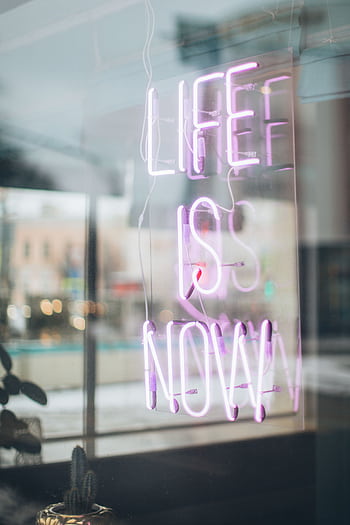Urban scene with a glowing 'Life is Now' neon sign reflecting in a window, conveying a modern, motivational vibe. HD phone wallpaper