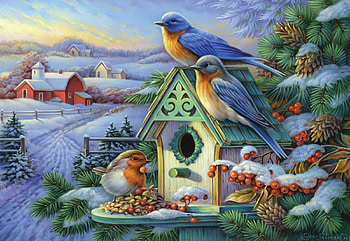 Golden Morning, winter, birds house, barn, painting, bluebirds, snow, tree, sunrise HD wallpaper