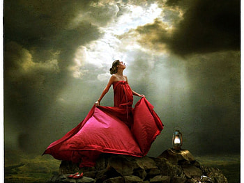 Wind dance, night, dance, beautiful, dress, woman, wind, red, stone, sky HD wallpaper