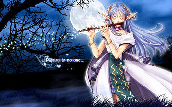 Playing to No One, blue, flute, black, girl, beautiful, elf, beauty, dark, music, anime, moon, fantasy, pretty, game, female HD wallpaper