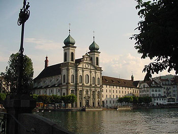 Church Lucerne, building, sky, church, water HD wallpaper