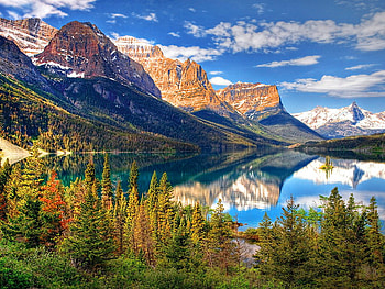 Mountain view, snowy, summsr, mountain, lake, reflection, clouds, view, autumn, nature, sky, peak HD wallpaper