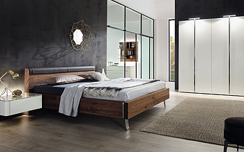 stylish interior design, bedroom, black walls in the bedroom, wooden bed, modern interior style, modern style, idea for a bedroom HD wallpaper