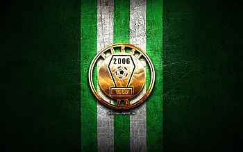 Paksi FC, golden logo, OTP Bank Liga, green metal background, football, hungarian football club, Paksi FC logo, Hungary, FC Paksi HD wallpaper