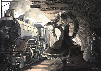 Celestia Ludenberg, animal, goth, red eyes, long hair, dress, pigtail, goth loli, bird, smog, train, black hair, dark, anime, cool, artifacts, headdress, dangan ronpa HD wallpaper