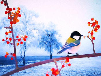 Winter Guest, snow, chickadee, artwork, painting, berries, trees HD wallpaper