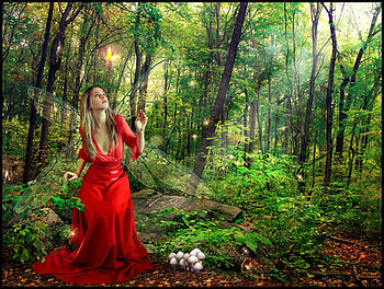 Forest girl in red, swing, girl, beautiful, grass, woman, fairy, lady, green, red, trees, flowers, forest HD wallpaper