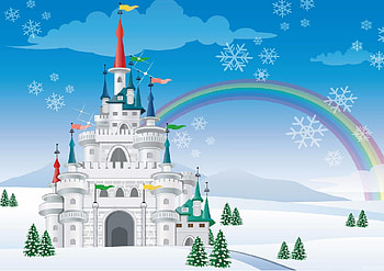 Christmas Castle, snowflakes, rainbow, snow, trees, castle HD wallpaper
