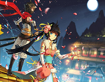 Ninja Couple, night, city, art, ninja, orginal, moon, petals, sakura, couple HD wallpaper