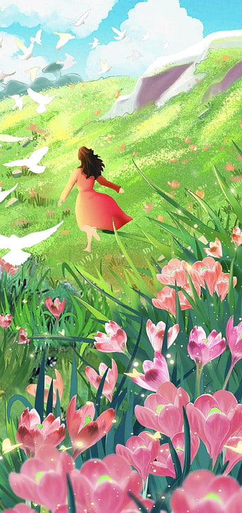 people_in_nature, sky, art, flowers, green, blue, nature, valley, anime HD phone wallpaper
