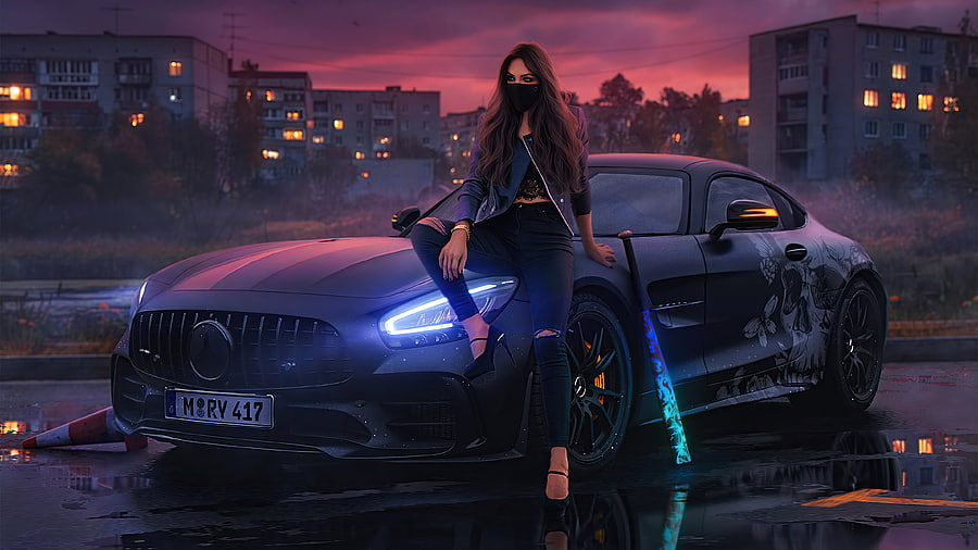 Urban Girl Sitting On Mercedes Bonnet, girls, cars, mercedes, artist, artwork, digital-art HD wallpaper