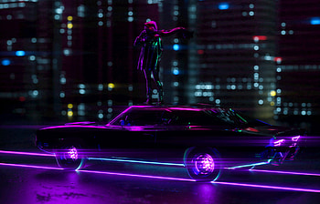Girl Standing On Car Neon City, neon, city, artist, artwork, digital-art HD wallpaper
