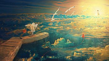 Angel, kite, blue, frumusete, art, fantasy, yellow, cloud, luminos HD wallpaper