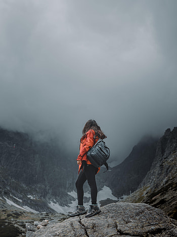 Alone, Rocks, Miscellanea, Miscellaneous, Fog, Journey, Girl, Loneliness, Lonely, Rucksack, Backpack HD phone wallpaper