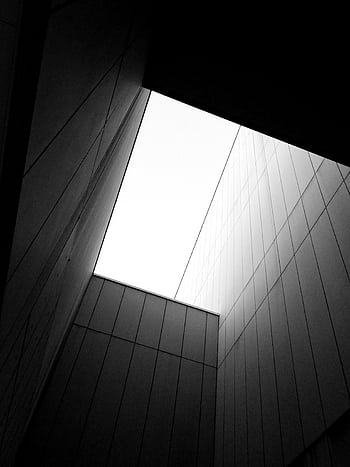 Black and white abstract architectural view from below of a modern building corner. HD phone wallpaper